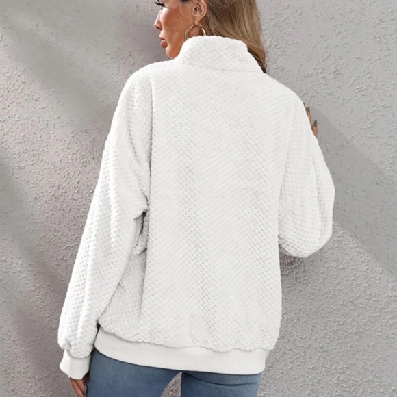 Waffle knit cozy teddy fuzzy half placket zip sweatshirt hoodie white - Picture 2 of 2